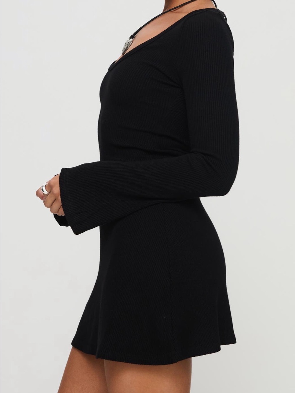 Princess Polly Best Interest Black Long-Sleeve Ribbed Mini Dress - Picture 3 of 7